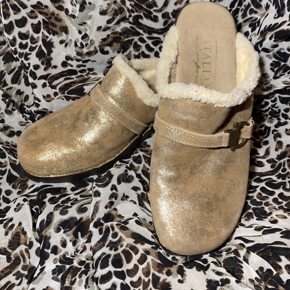Italian clogs size 8 (I think). Gold. Worn once or twice with socks. - Picture 1 of 7
